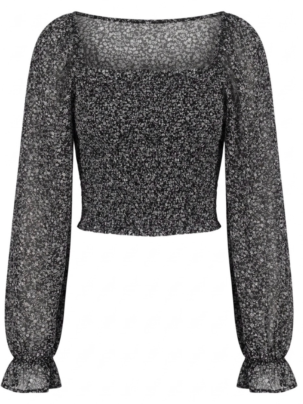 Japna Black Floral Smocked Square-Neck Crop Top